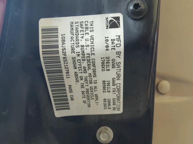 1G8AJ52F65Z127011 - 2005 SATURN ION LEVEL RED photo 10