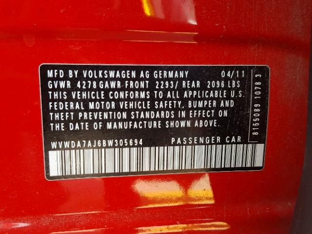 WVWDA7AJ6BW305694 - 2011 VOLKSWAGEN GOLF RED photo 10
