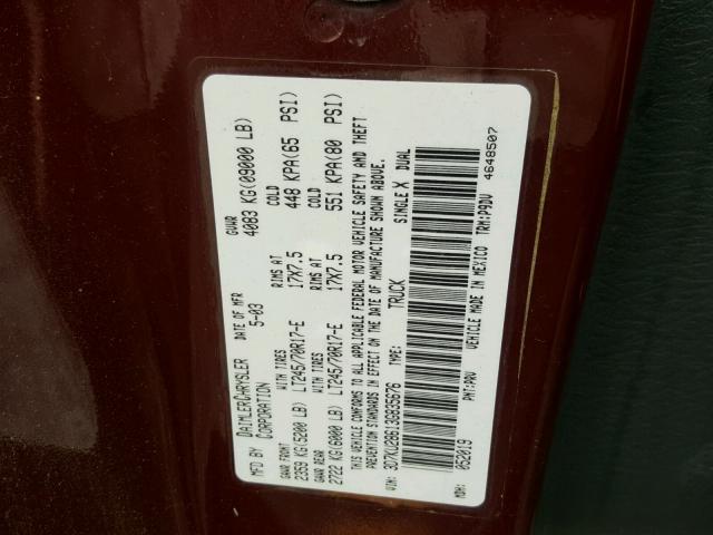 3D7KU28613G835676 - 2003 DODGE RAM 2500 S MAROON photo 10