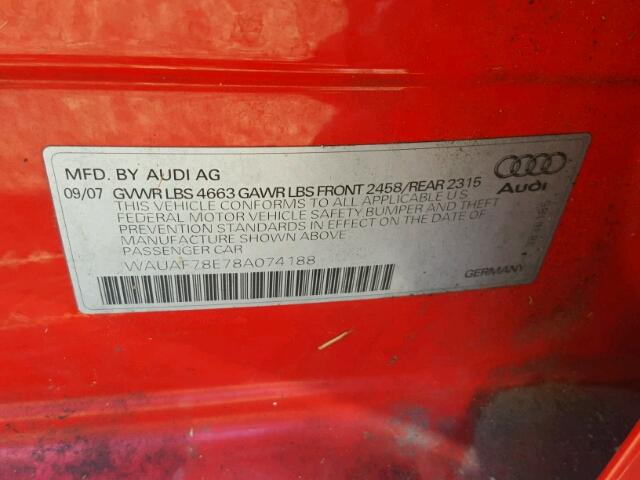 WAUAF78E78A074188 - 2008 AUDI A4 2.0T RED photo 10