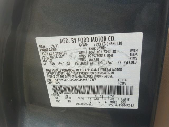 1FMCU9DG9CKA61767 - 2012 FORD ESCAPE BLUE photo 10