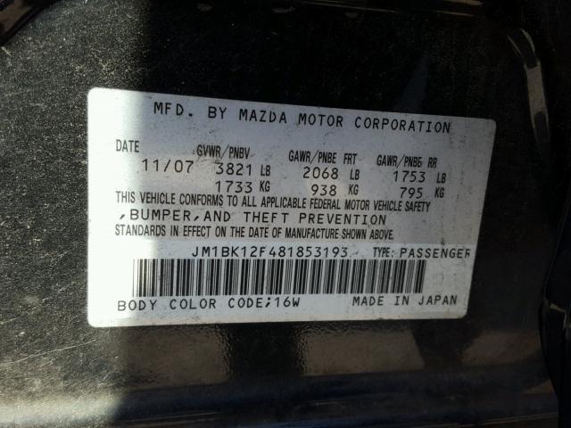 JM1BK12F481853193 - 2008 MAZDA 3 I BLACK photo 10