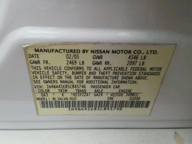 1N4BA41E85C845746 - 2005 NISSAN MAXIMA SE WHITE photo 10