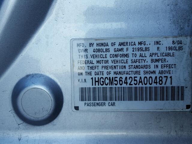 1HGCM56425A004871 - 2005 HONDA ACCORD SILVER photo 10