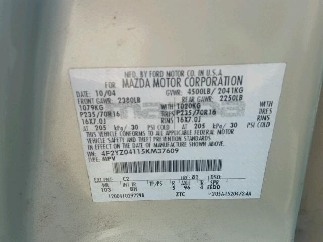 4F2YZ04115KM37609 - 2005 MAZDA TRIBUTE TAN photo 10