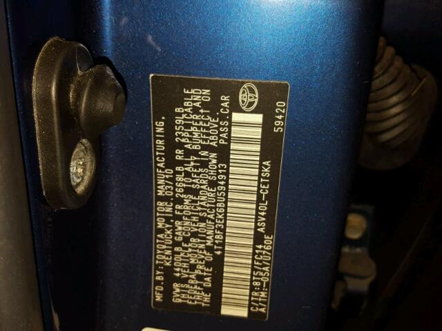 4T1BF3EK6BU594913 - 2011 TOYOTA CAMRY BASE BLUE photo 10