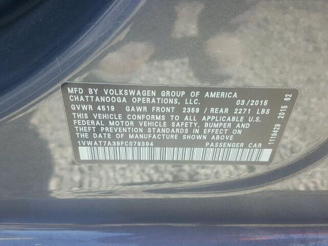 1VWAT7A39FC079394 - 2015 VOLKSWAGEN PASSAT S Gris foto 10
