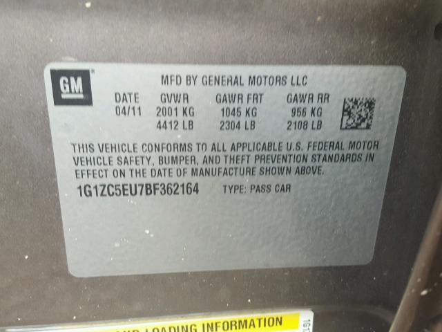 1G1ZC5EU7BF362164 - 2011 CHEVROLET MALIBU 1LT 棕色 照片 10