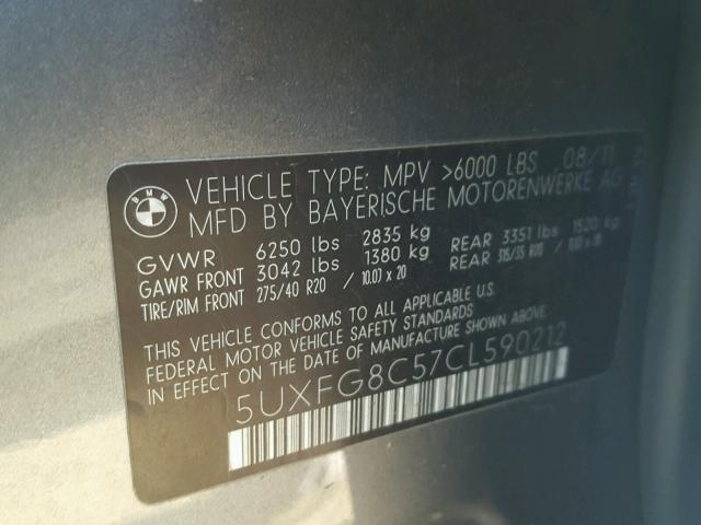 5UXFG8C57CL590212 - 2012 BMW X6 XDRIVE5 GRAY photo 10