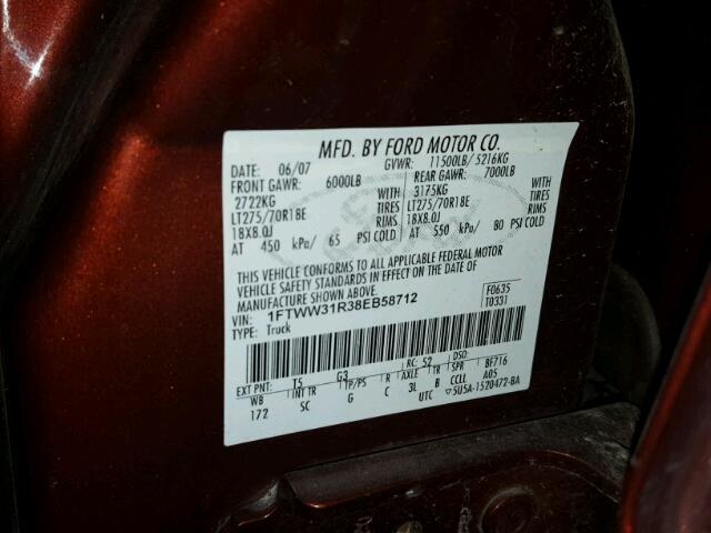 1FTWW31R38EB58712 - 2008 FORD F350 ORANGE photo 10