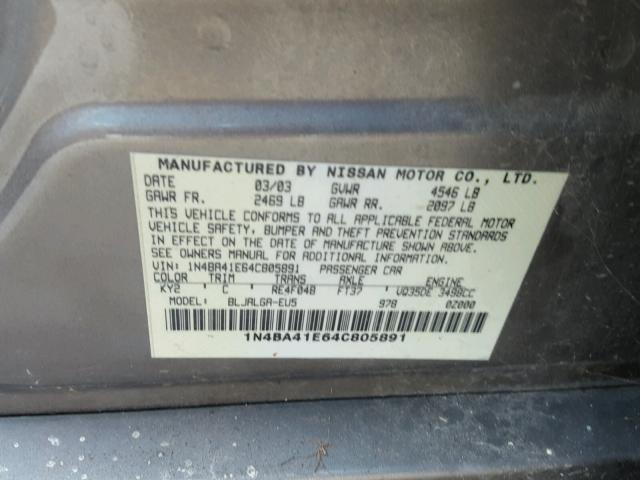 1N4BA41E64C805891 - 2004 NISSAN MAXIMA SE BEIGE photo 10