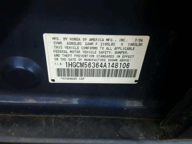 1HGCM56364A148106 - 2004 HONDA ACCORD LX BLUE photo 10