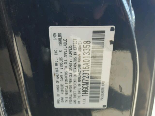 1HGCM72315A013358 - 2005 HONDA ACCORD BLACK photo 10