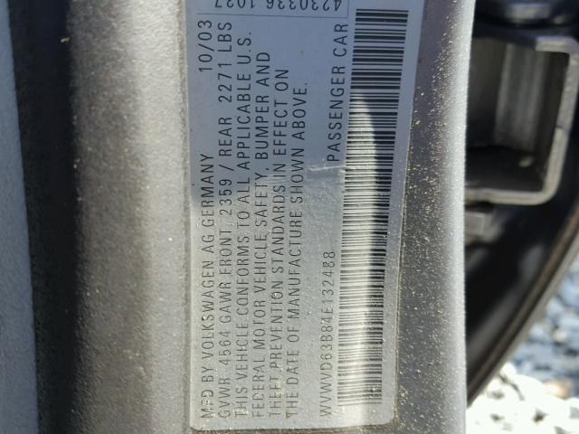 WVWVD63B84E132488 - 2004 VOLKSWAGEN PASSAT GLS GRAY photo 10