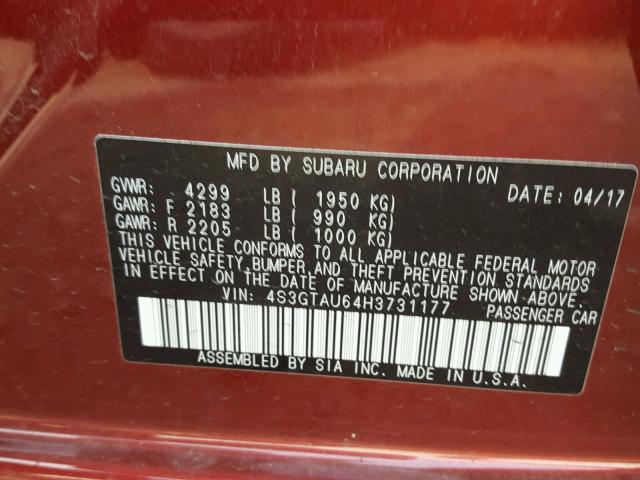 4S3GTAU64H3731177 - 2017 SUBARU IMPREZA LI RED photo 10