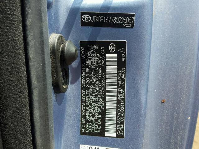 JTKDE167780226067 - 2008 TOYOTA SCION TC 蓝色 照片 10