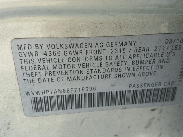 WVWHP7AN6BE715596 - 2011 VOLKSWAGEN CC LUXURY SILVER photo 10