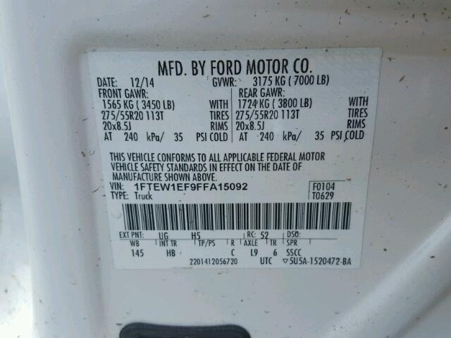 1FTEW1EF9FFA15092 - 2015 FORD F150 SUPER WHITE photo 10