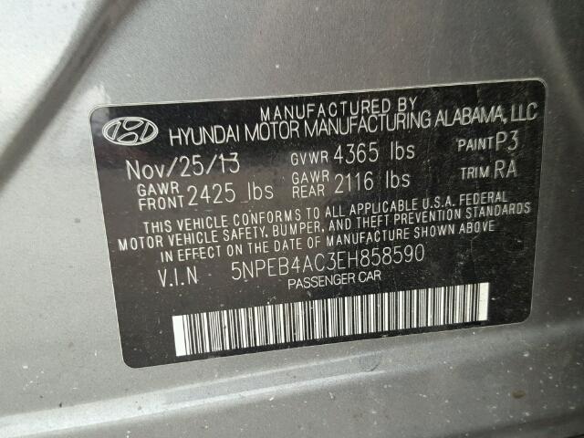 5NPEB4AC3EH858590 - 2014 HYUNDAI SONATA GLS GRAY photo 10