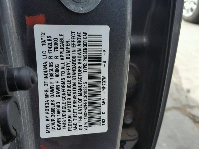 19XFB2F51CE103815 - 2012 HONDA CIVIC GRAY photo 10