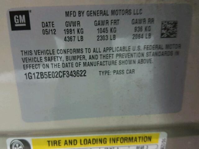 1G1ZB5E02CF343622 - 2012 CHEVROLET MALIBU LS 金色 照片 10