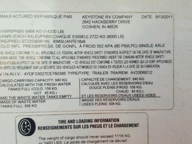 4YDF33027CE760385 - 2012 KEYSTONE AVALANCHE თეთრი ფოტო 10