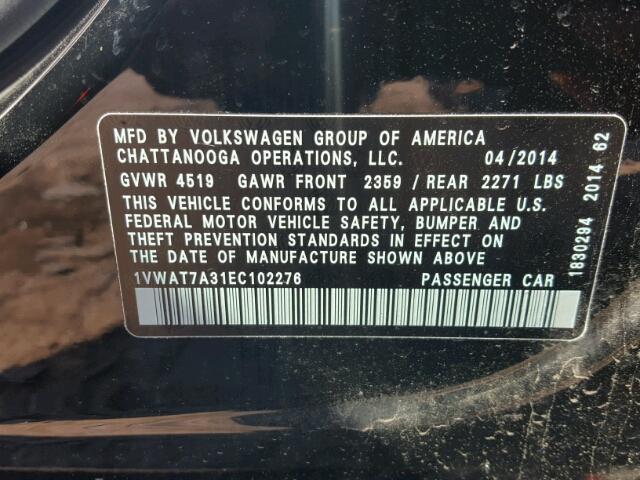 1VWAT7A31EC102276 - 2014 VOLKSWAGEN PASSAT S Schwarz Foto 10