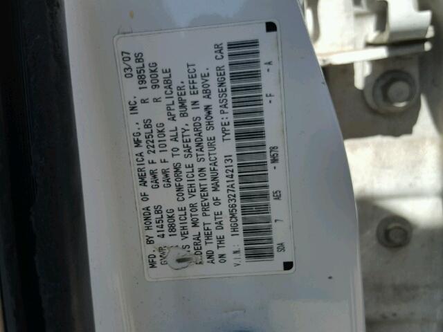 1HGCM56327A142131 - 2007 HONDA ACCORD WHITE photo 10