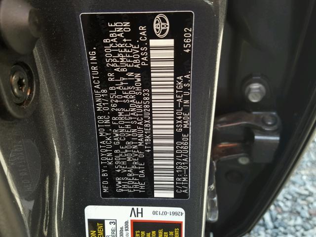 4T1BK1EBXJU285833 - 2018 TOYOTA AVALON XLE GRAY photo 10