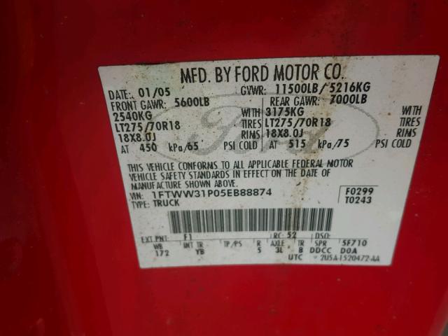 1FTWW31P05EB88874 - 2005 FORD F350 SRW S RED photo 10