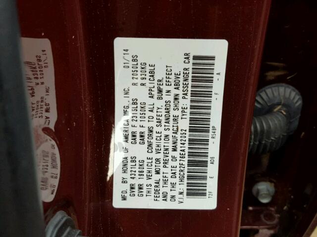 1HGCR2F76EA142052 - 2014 HONDA ACCORD EX MAROON photo 10