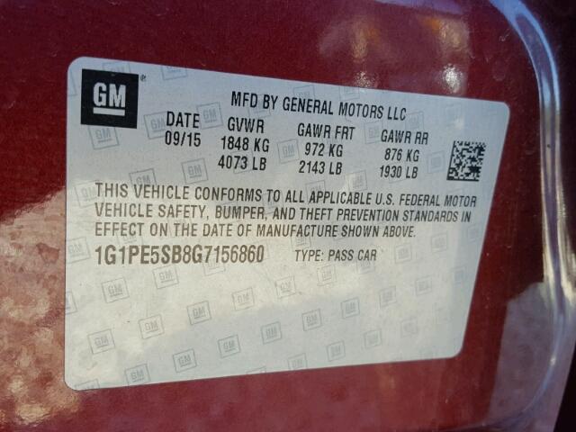 1G1PE5SB8G7156860 - 2016 CHEVROLET CRUZE LIMI BURGUNDY photo 10