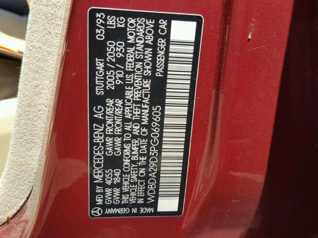 WDBDA29D3PG069605 - 1993 MERCEDES-BENZ 190 E 2.6 RED photo 10