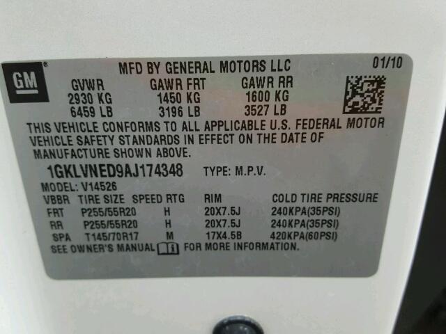 1GKLVNED9AJ174348 - 2010 GMC ACADIA SLT Ağ foto 10