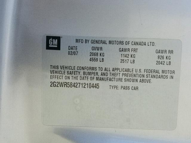 2G2WR584271210445 - 2007 PONTIAC GRAND PRIX SILVER photo 10