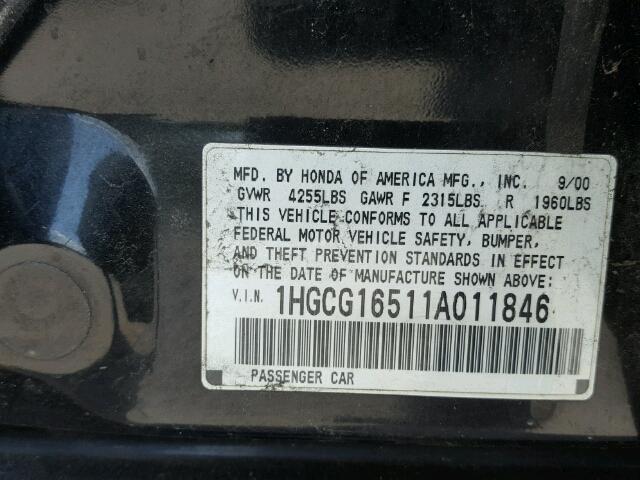 1HGCG16511A011846 - 2001 HONDA ACCORD BLACK photo 10