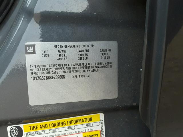 1G1ZG57B88F209866 - 2008 CHEVROLET MALIBU LS ნაცრისფერი ფოტო 10