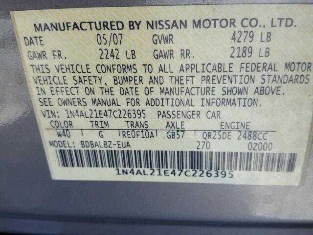 1N4AL21E47C226395 - 2007 NISSAN ALTIMA GRAY photo 10