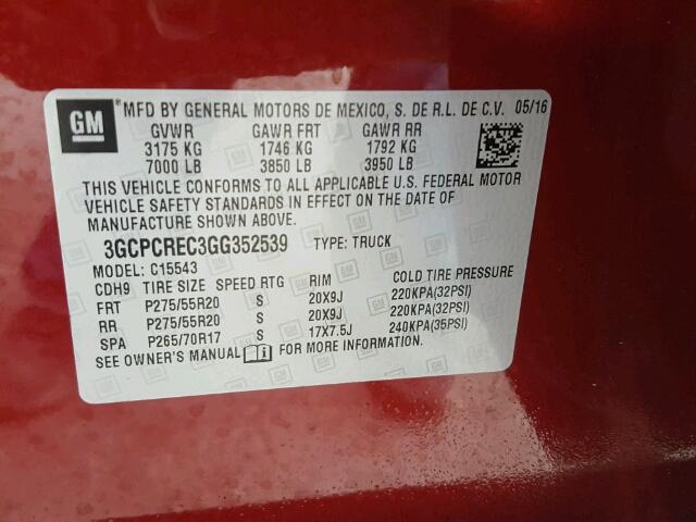 3GCPCREC3GG352539 - 2016 CHEVROLET SILVERADO RED photo 10