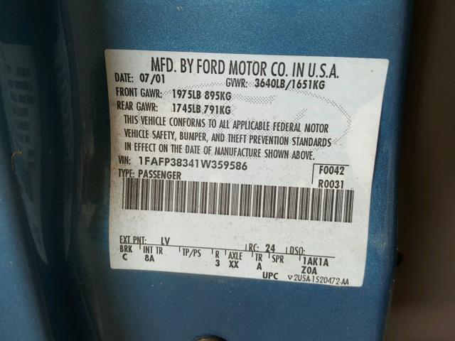 1FAFP38341W359586 - 2001 FORD FOCUS ZTS BLUE photo 10