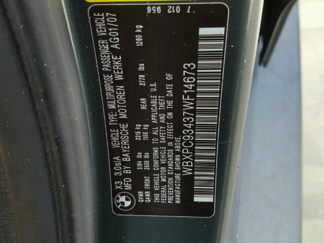 WBXPC93437WF14673 - 2007 BMW X3 GREEN photo 10