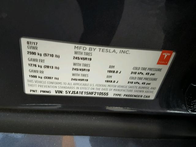 5YJSA1E15HF210555 - 2017 TESLA MODEL S GRAY photo 10