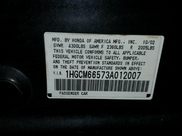 1HGCM66573A012007 - 2003 HONDA ACCORD BLACK photo 10