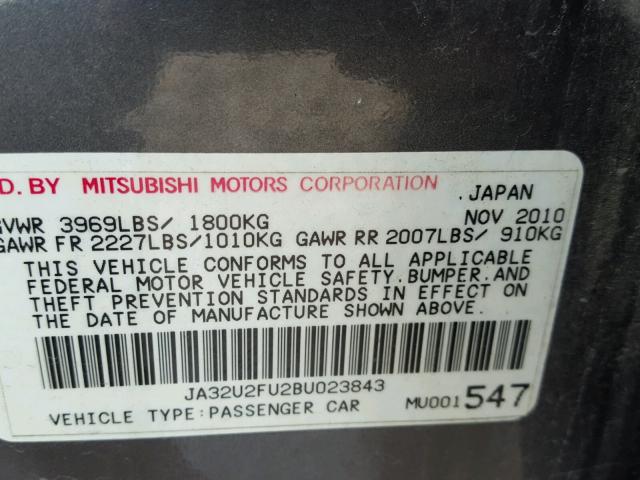 JA32U2FU2BU023843 - 2011 MITSUBISHI LANCER ES/ GRAY photo 10