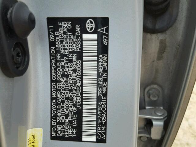 JTDBU4EE4B9160065 - 2011 TOYOTA COROLLA BA SILVER photo 10