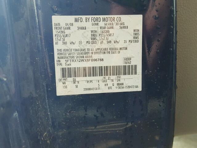 1FTRX12WX8FB96788 - 2008 FORD F150 BLUE photo 10