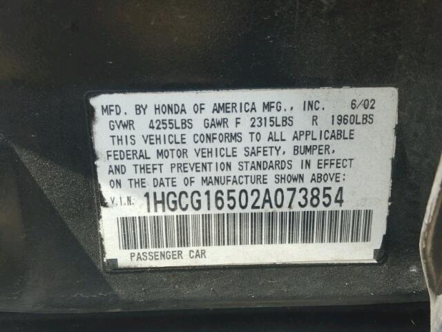 1HGCG16502A073854 - 2002 HONDA ACCORD EX BLACK photo 10