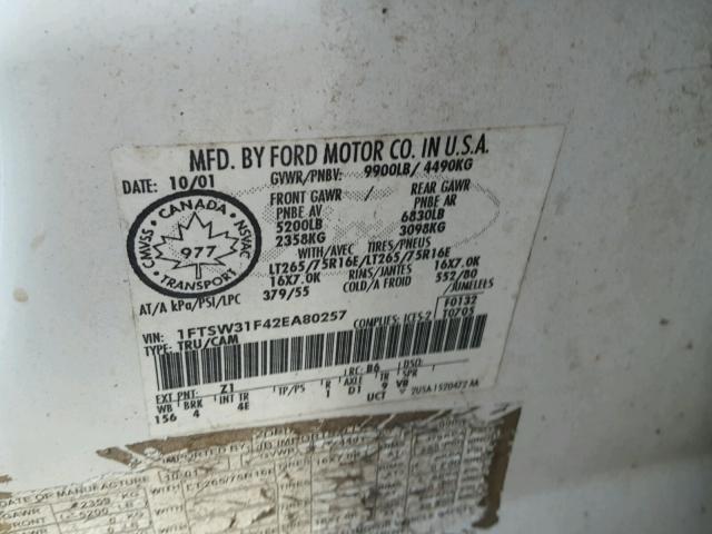 1FTSW31F42EA80257 - 2002 FORD F350 SRW S WHITE photo 10