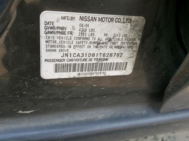 JN1CA31D81T628792 - 2001 NISSAN MAXIMA GXE GRAY photo 10