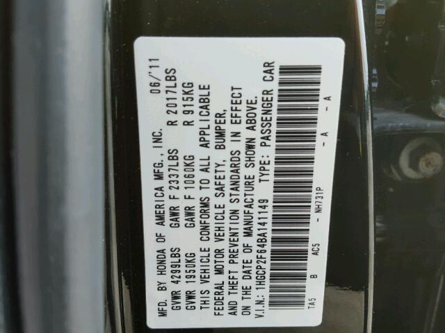 1HGCP2F64BA141149 - 2011 HONDA ACCORD SE BLACK photo 10